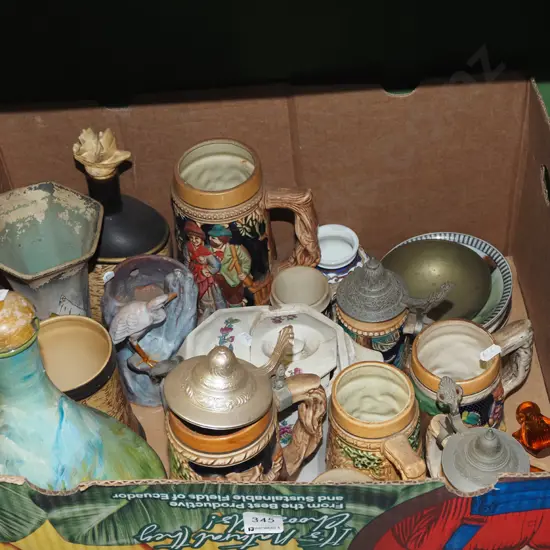 box ; beer steins, hand painted stoppered flask, bowls etc