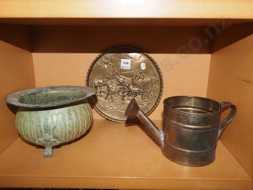 small brass watering can, wall charger, metal footed jardiniere Image 1++