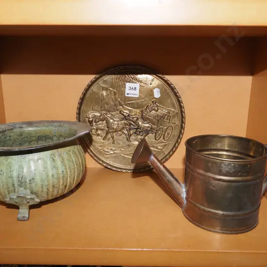 small brass watering can, wall charger, metal footed jardiniere