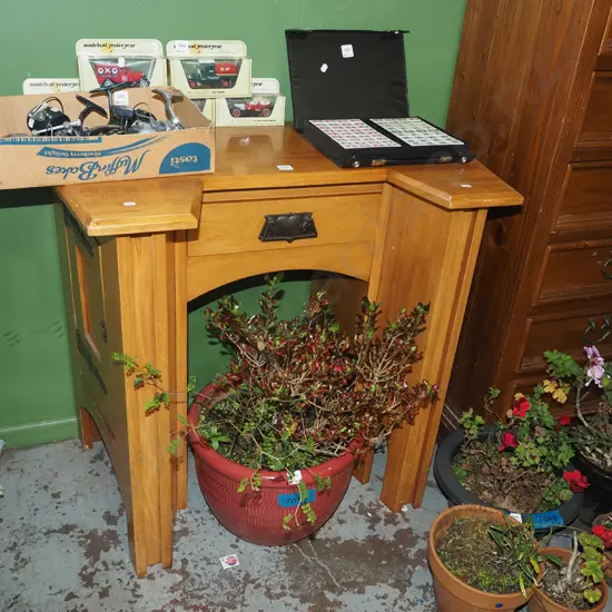 unusual solid rimu desk with 2x side cupboards and single drawer - key in office H790 W960 D500