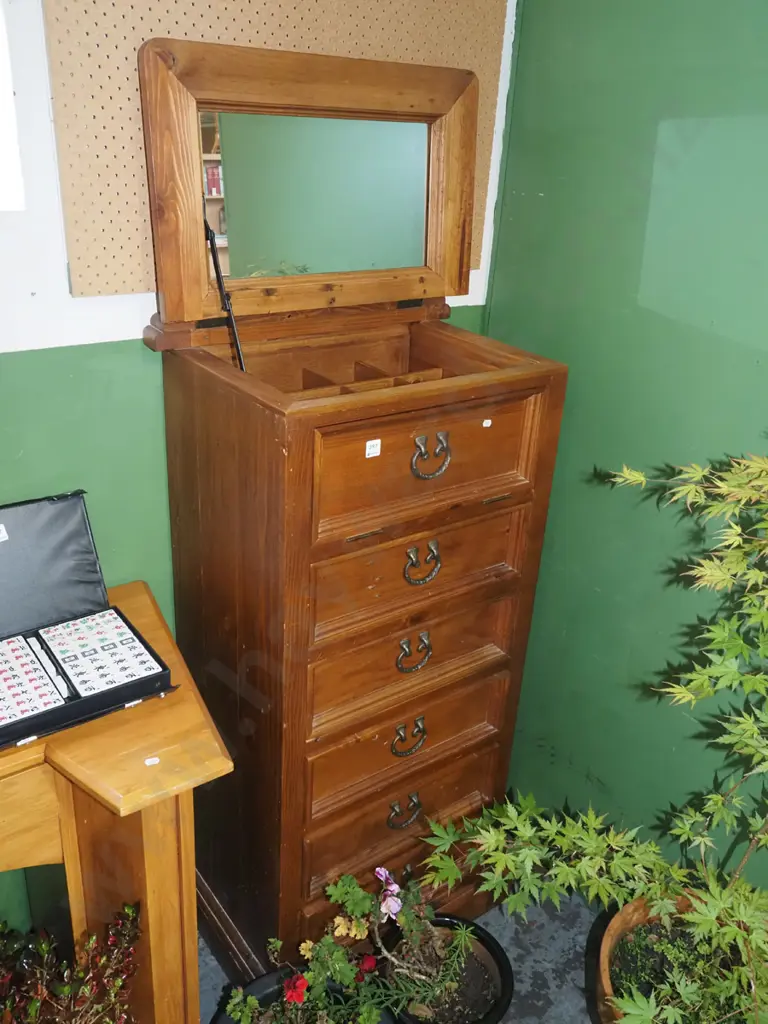 solid pine 6 drawer chest with mirror lift up top H1280 W600 D420 Image 1++