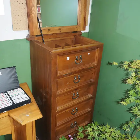 solid pine 6 drawer chest with mirror lift up top H1280 W600 D420