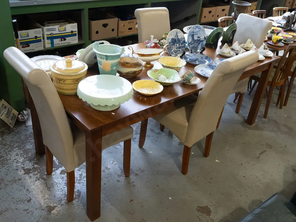 pine dining extending dining with 4x taupe vinyl highback chairs H740 W2000 D900 Image 1++