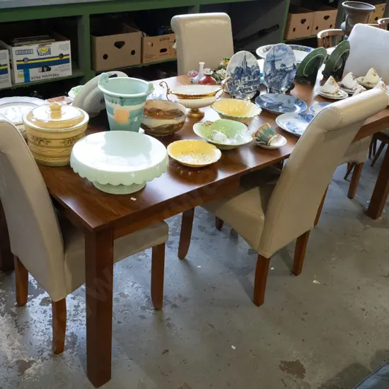 pine dining extending dining with 4x taupe vinyl highback chairs H740 W2000 D900