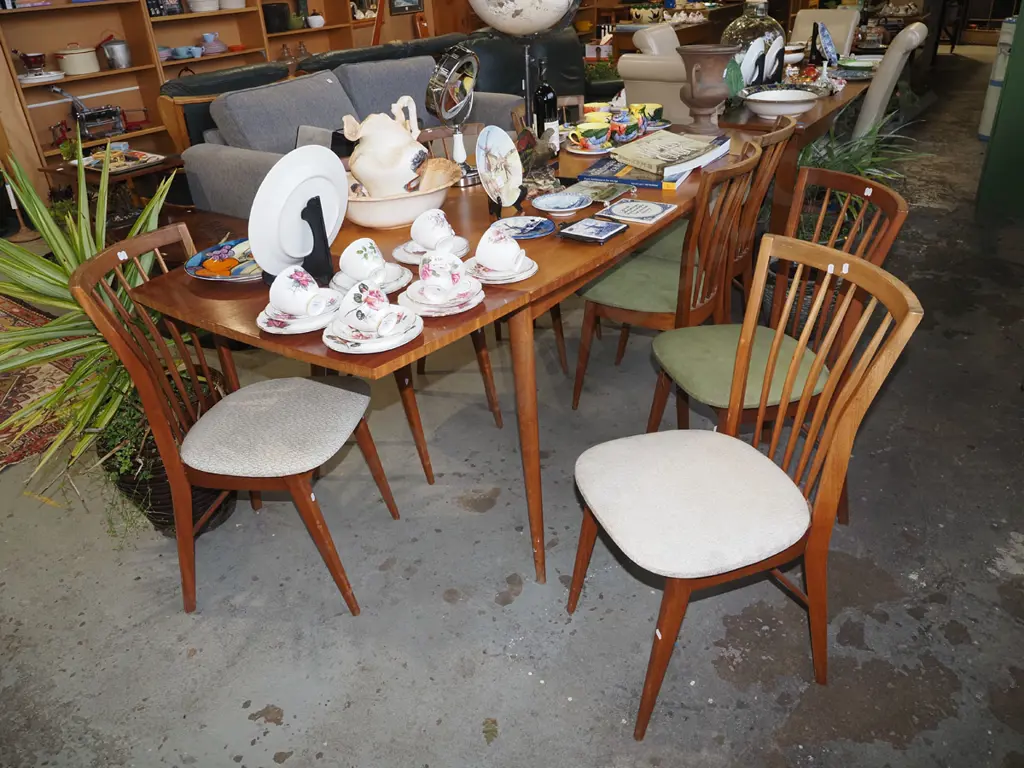mid century Scandinavian style extending dining table with 8 matching chairs - some fading and Image 1++