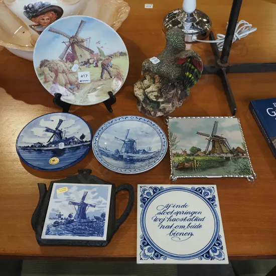 Delft tiles, bowls, composite kea figurine etc