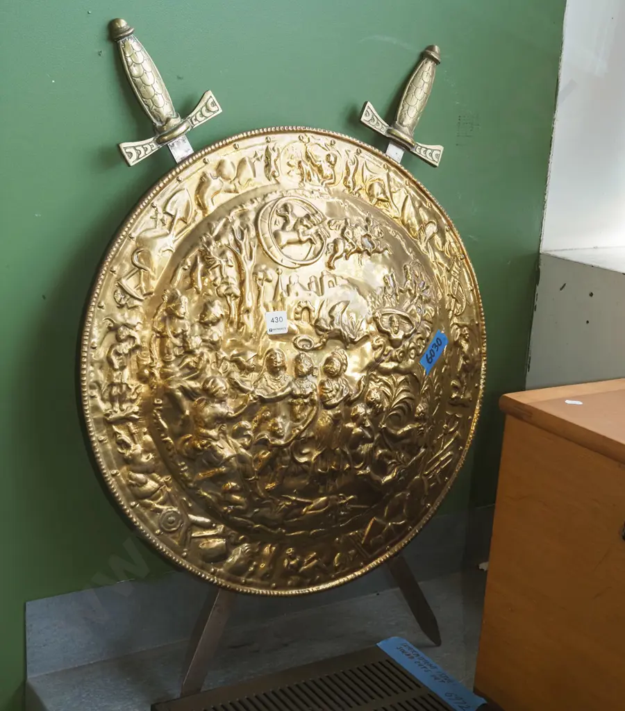 wall mounted press brass shield and 2 swords Image 1++