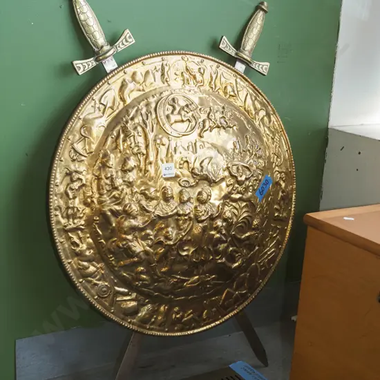 wall mounted press brass shield and 2 swords