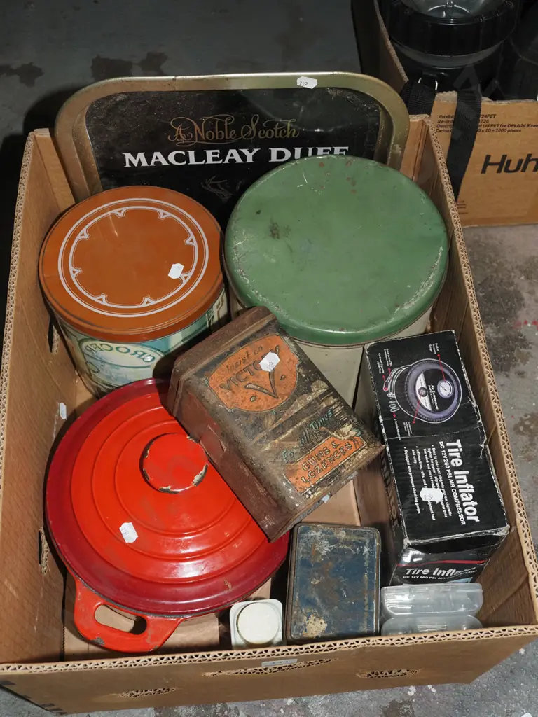 vintage tins, tyre inflater, cast iron casserole etc Image 1++