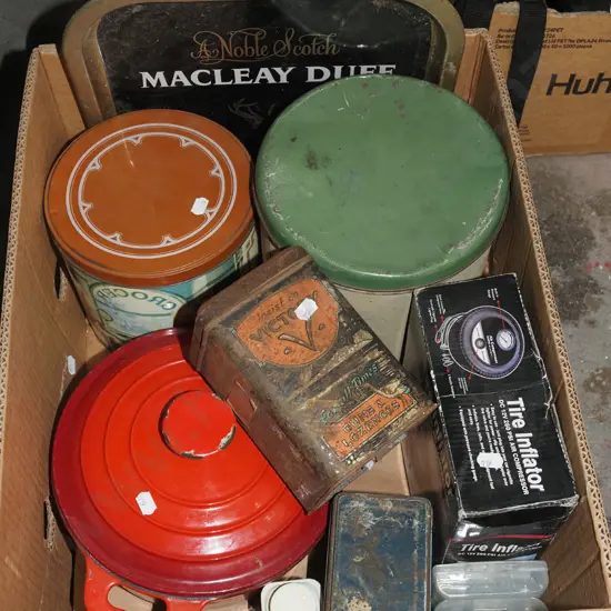 vintage tins, tyre inflater, cast iron casserole etc