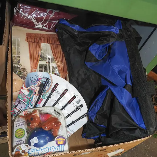 box; sports bag, kids toys, ready made curtains etc