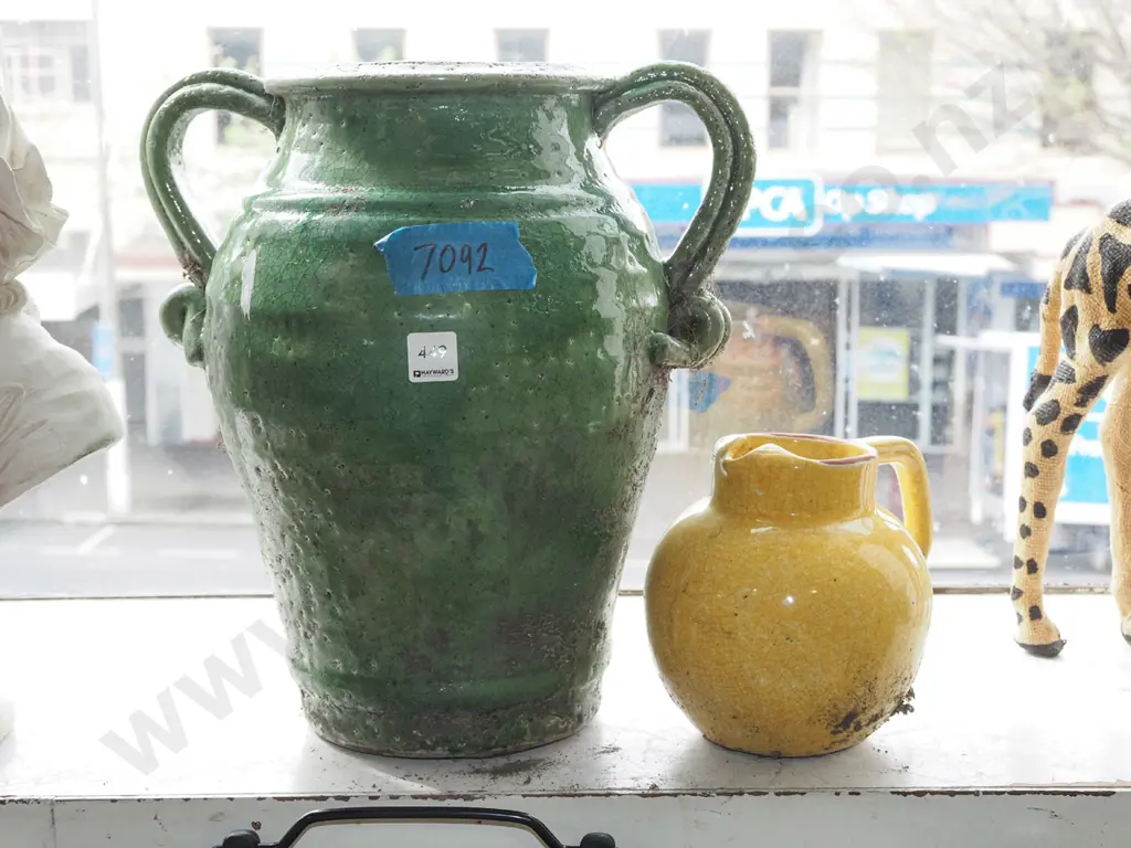 green glazed double handled urn, small yellow jug H380 Image 1++