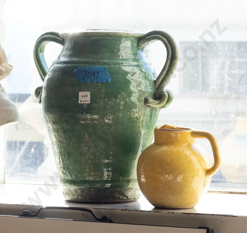 green glazed double handled urn, small yellow jug H380 Image 1++
