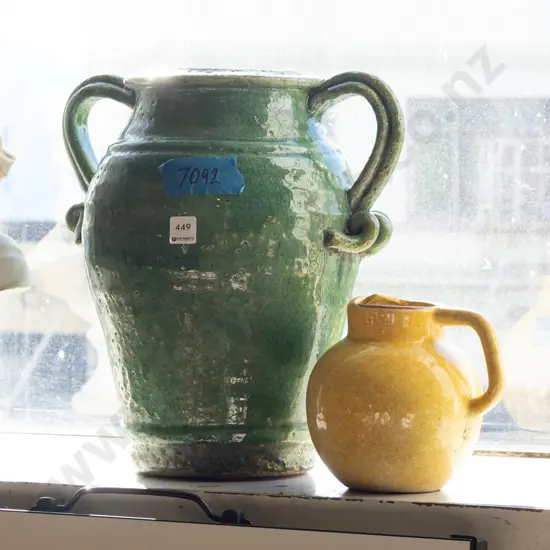 green glazed double handled urn, small yellow jug H380