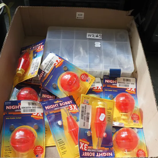 box; fishing floats, various lures
