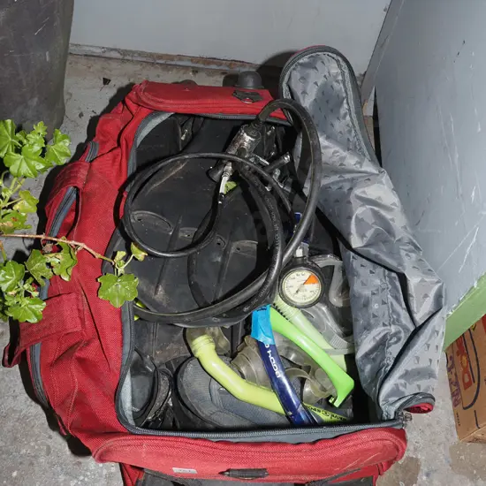 box; diver flippers, snorkels, regulator etc