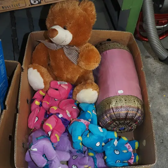 box; various soft toys