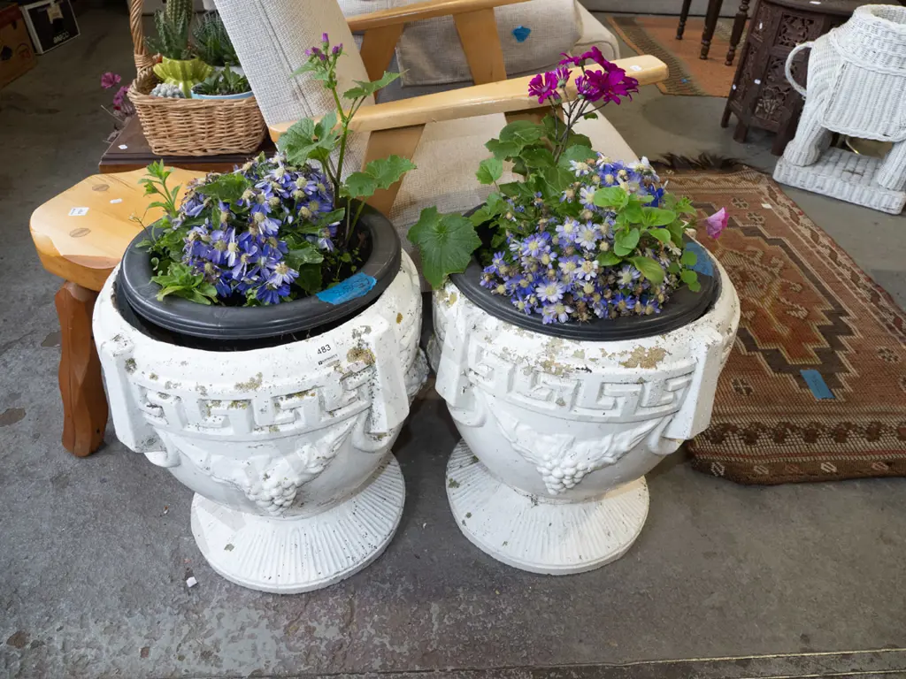 2x concrete garden urns and plants H440 Image 1++