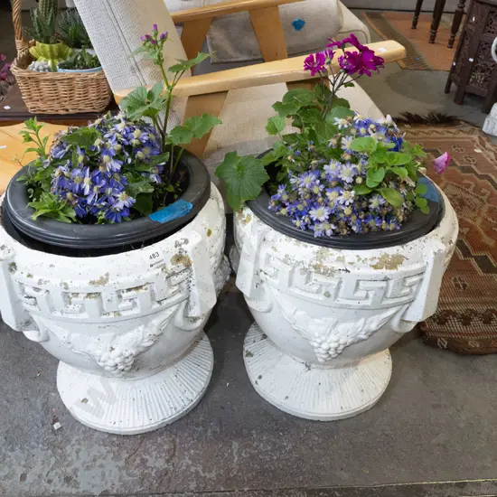 2x concrete garden urns and plants H440