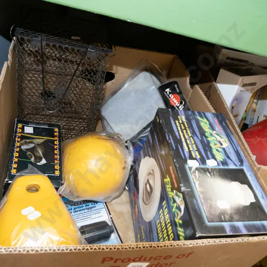 box; fishing floats, fishing light, game harness etc