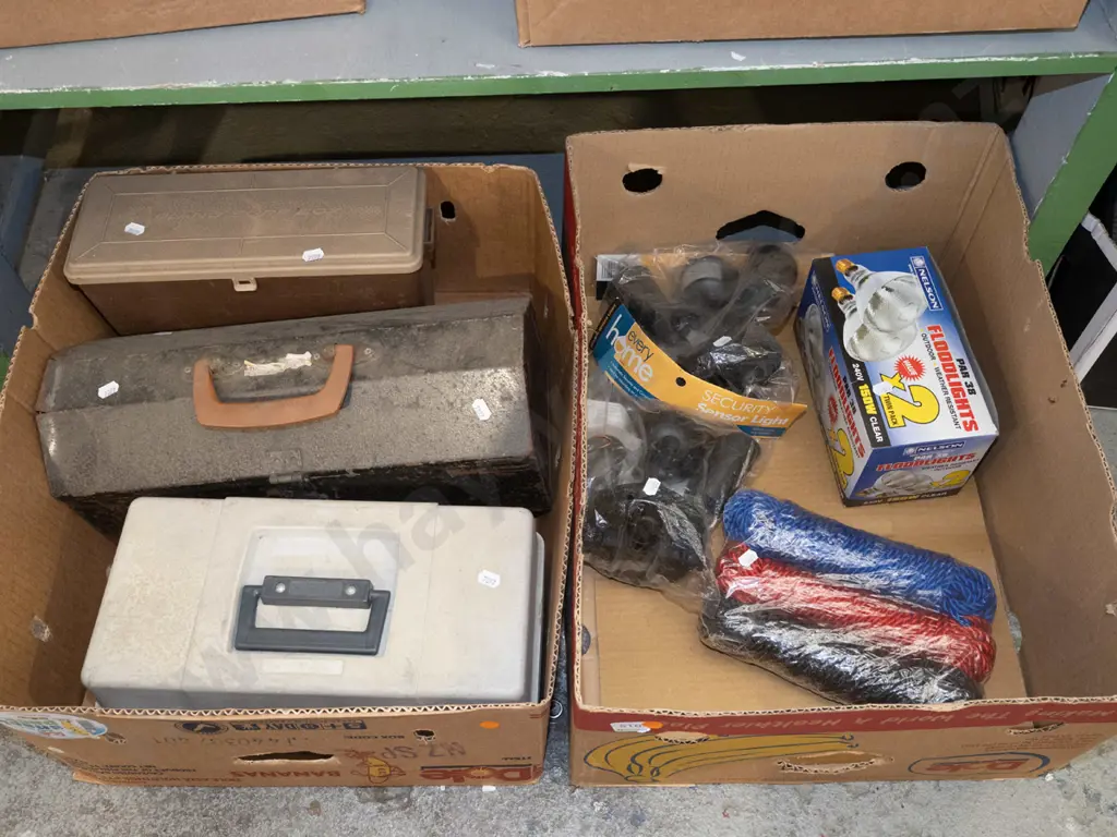 2 x boxes; rope, tackle boxes, security lights etc - orange dots Image 1++