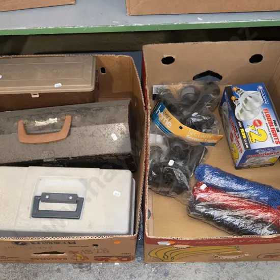 2 x boxes; rope, tackle boxes, security lights etc - orange dots