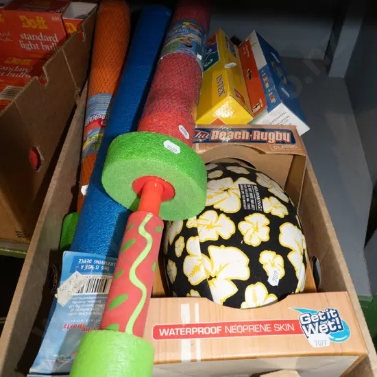 box; Blade Blaster, beach rugby ball etc