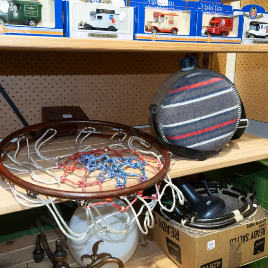 metal basketball hoop, water canteen