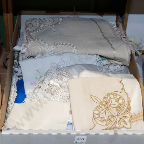 box; hand worked linen, doillies etc