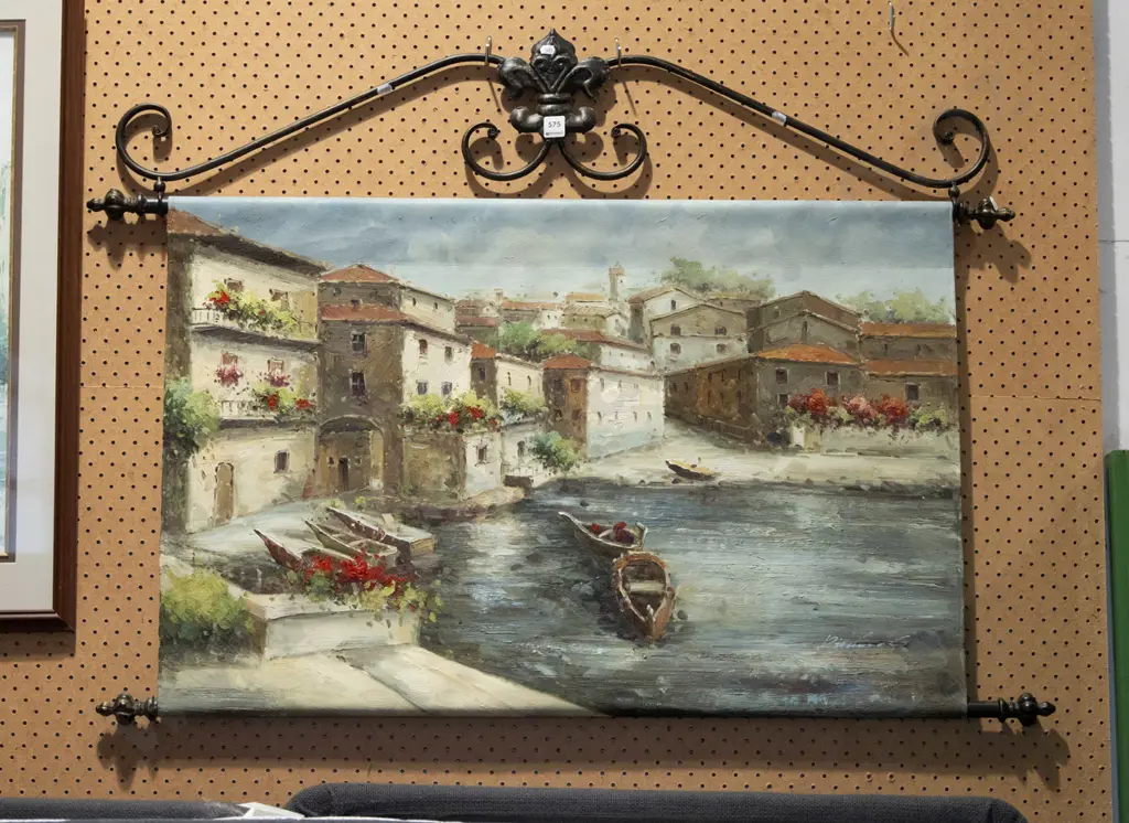 scroll oil on canvas - Mediterranean harbour scene Image 1++