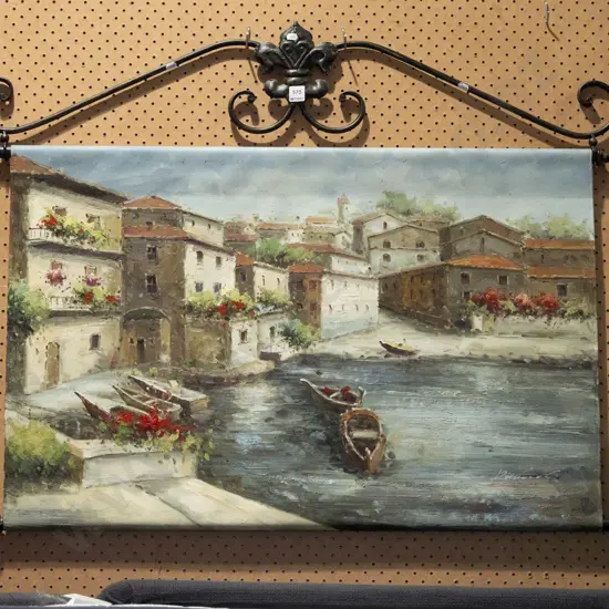 scroll oil on canvas - Mediterranean harbour scene