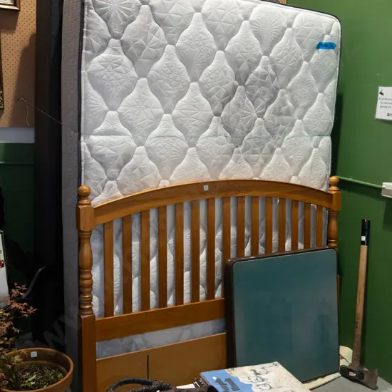 Sealley queen bed base mattress and carved rimu head board