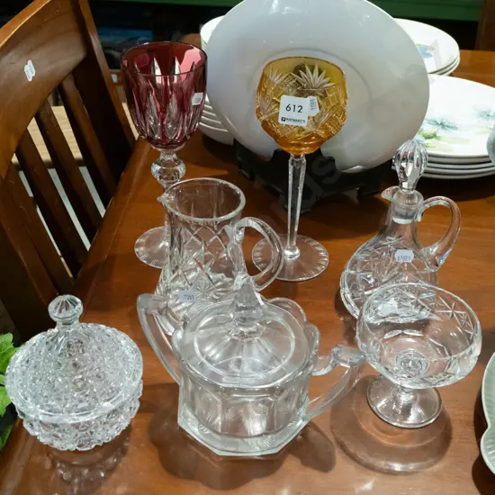 assorted glass and crystal items; glasses, canisters etc