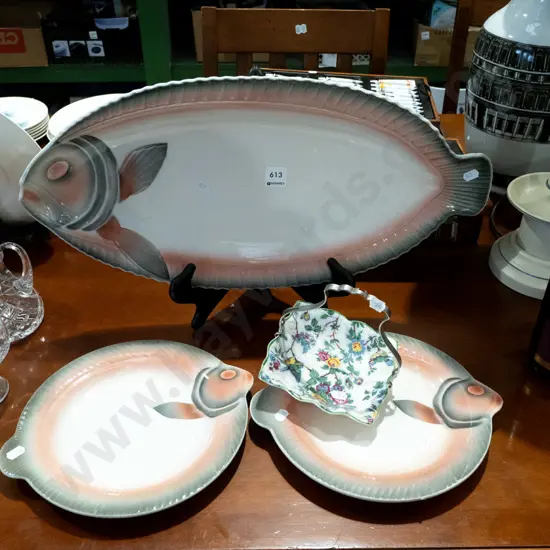 3x French fish themed plates, small ceramic basket