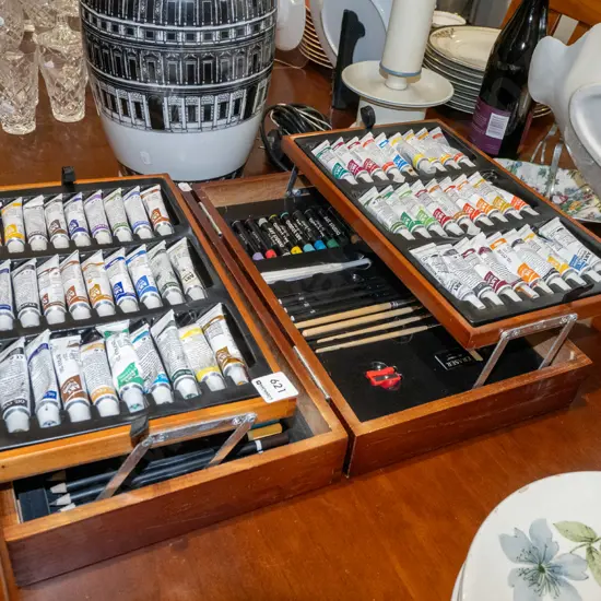 cased artist's paints, brushes, pencils etc
