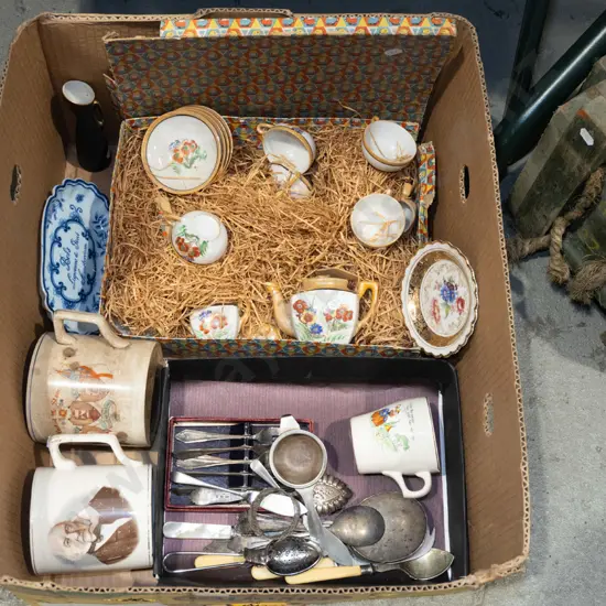 box; children's play tea set, cups, cutlery etc