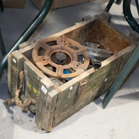 part ammunition crate, white spirit stove, pyrex lidded pot