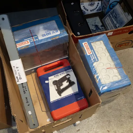box; air powered braiding gun, saw blades, 2x electrical fuse boxes