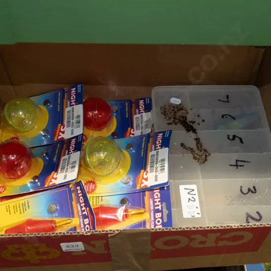 box; fishing floats, fish hooks