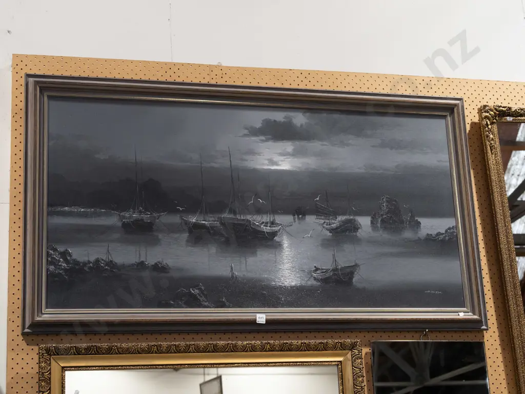 framed oil - moored boats at night Image 1++