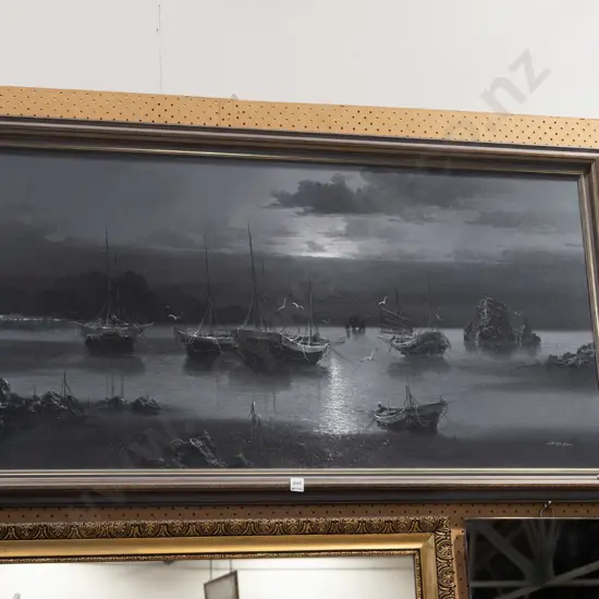 framed oil - moored boats at night