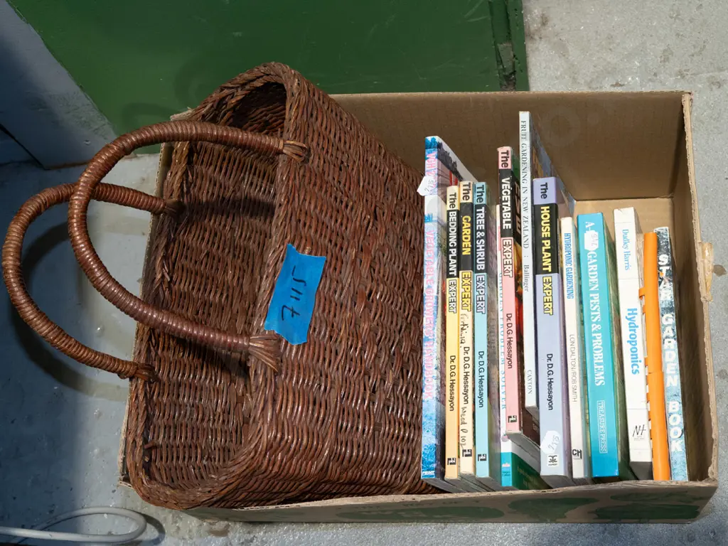 box; cane basket, gardening books Image 1++