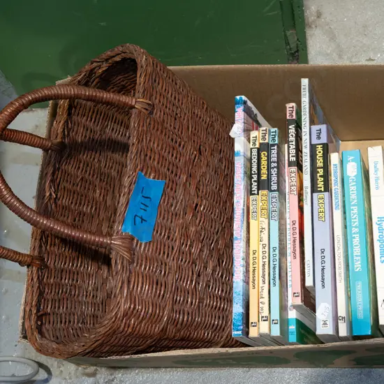 box; cane basket, gardening books