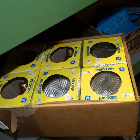 box; various halogen light bulbs