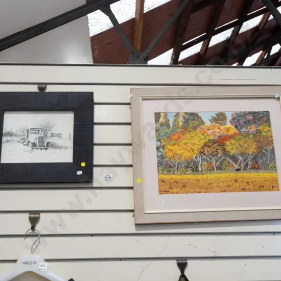 2x framed prints - Bedford truck, landscape - yellow dots