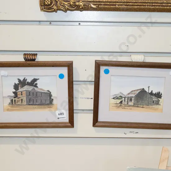 2x hand coloured Yvonne Benson prints - blue dots
