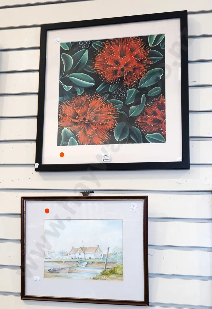 framed watercolour - river scene, framed pohutukawa flower print - red dots Image 1++