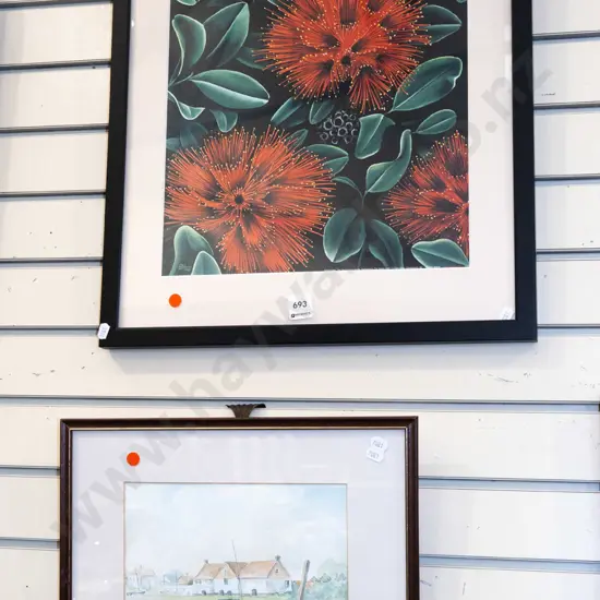 framed watercolour - river scene, framed pohutukawa flower print - red dots