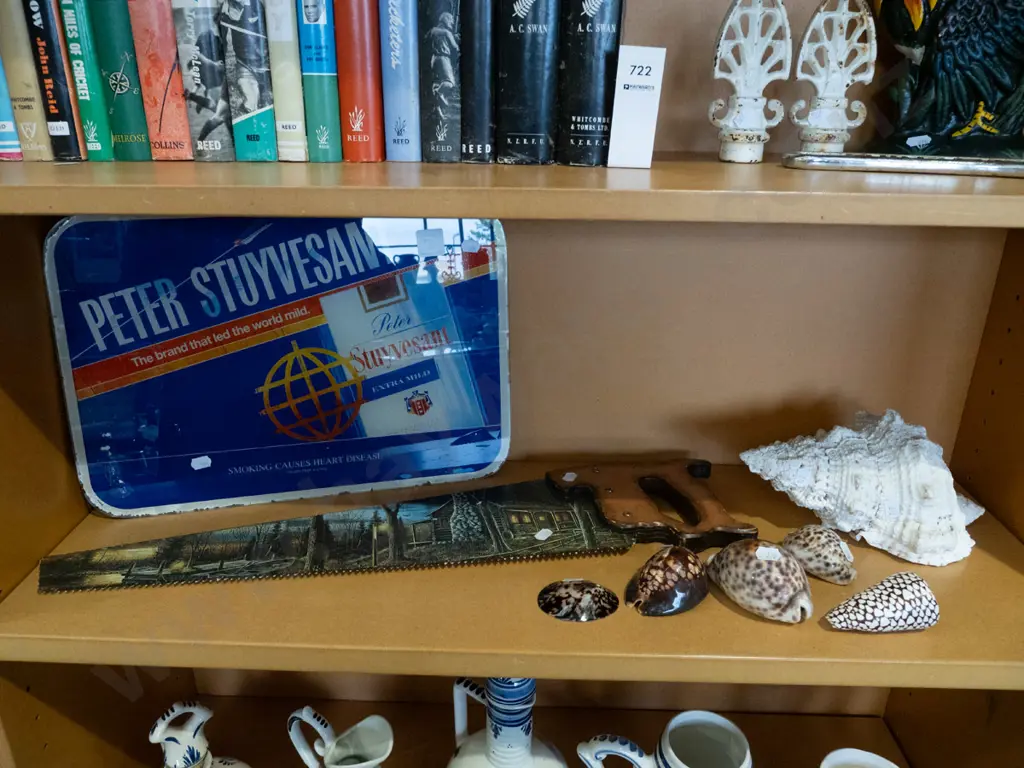  hand saw, cigarette ad behind glass, sea shells Image 1++