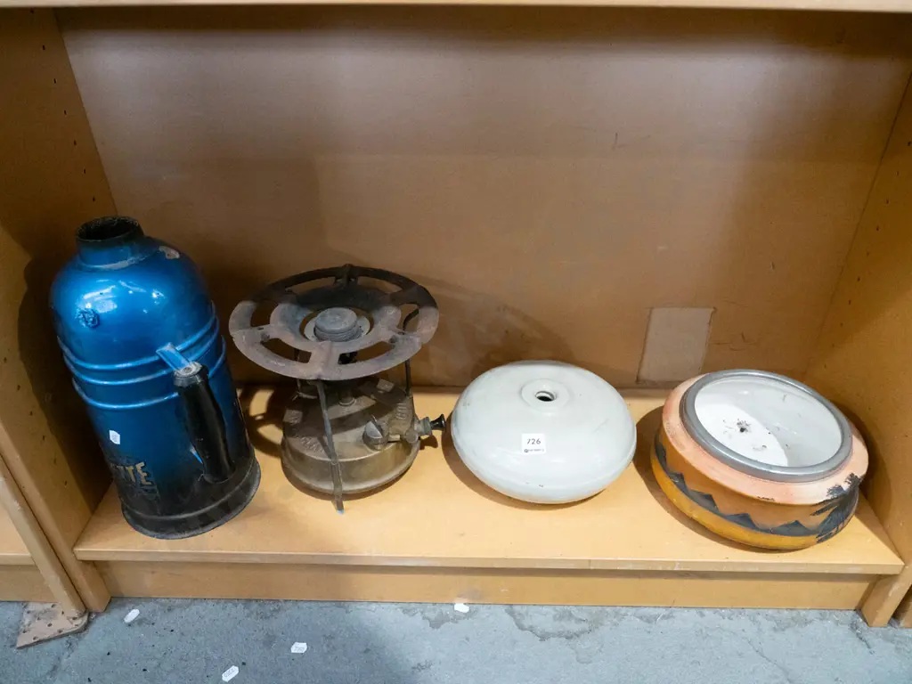 thermette, Colemans white spirit stove, part hot water bottle, silver rimmed bowl Image 1++